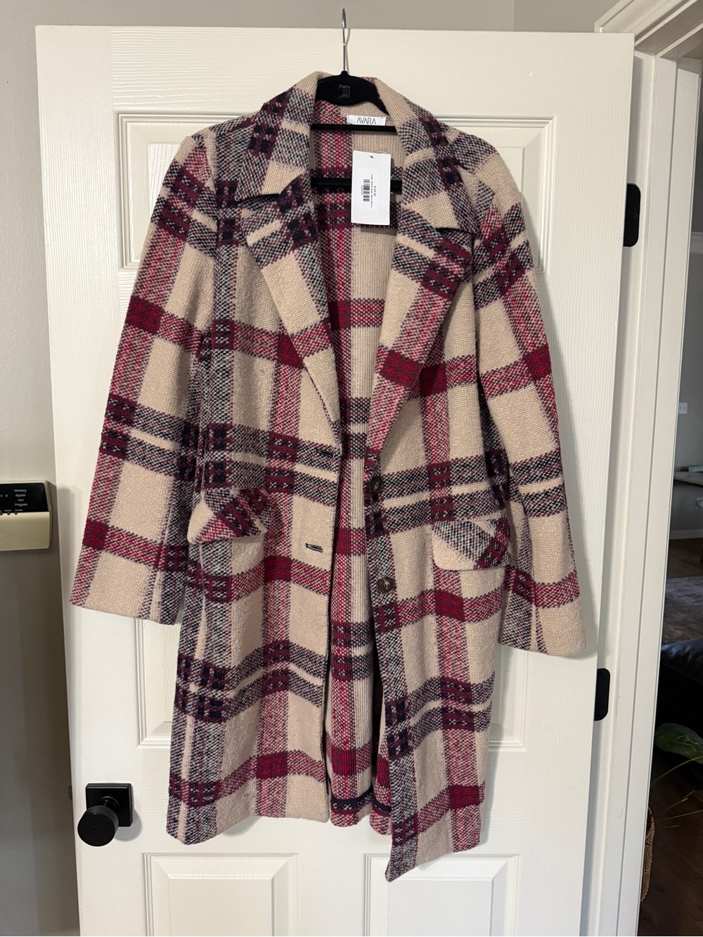ZARA Women's Beige Plaid Pea Coat with Burgundy Accents